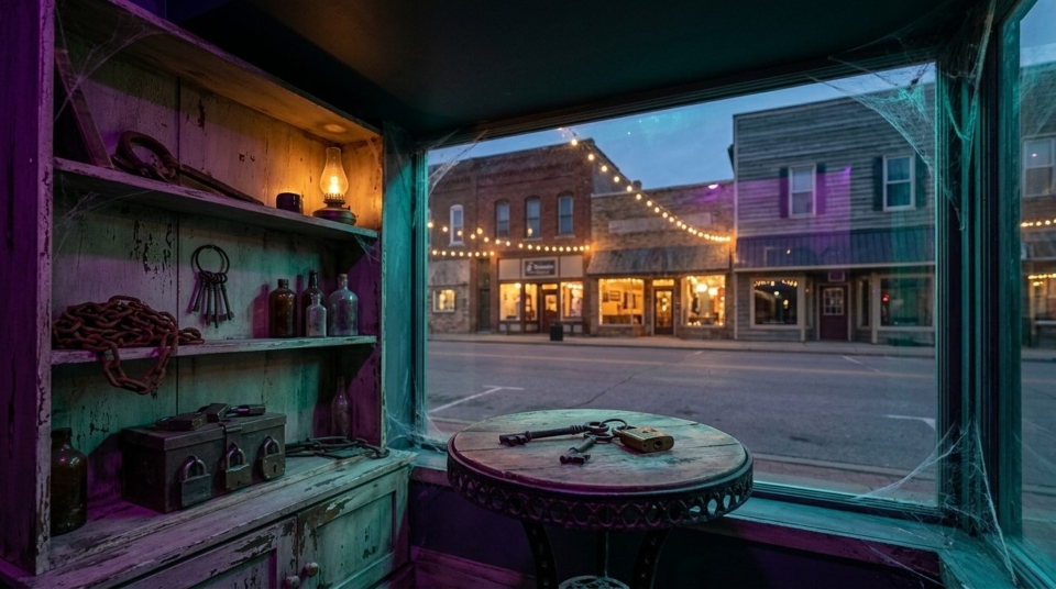 View from an escape room lobby window onto a lit downtown main street at dusk