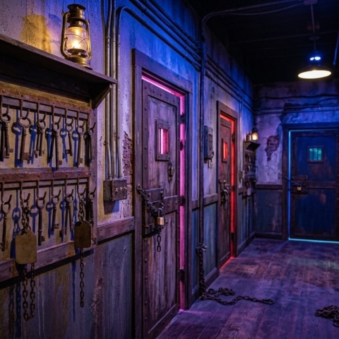 Hallway of escape room doors glowing different colours beside rows of hanging keys
