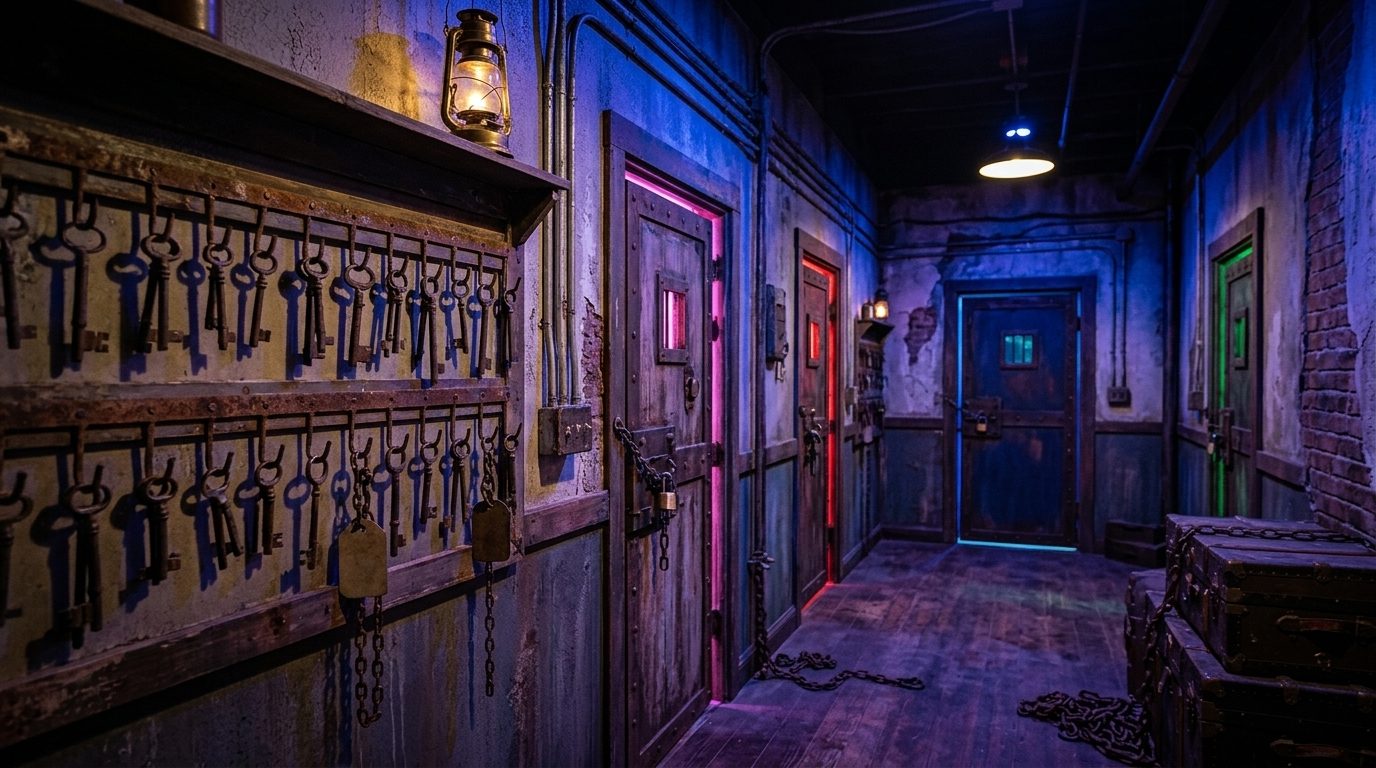 Hallway of escape room doors glowing different colours beside rows of hanging keys