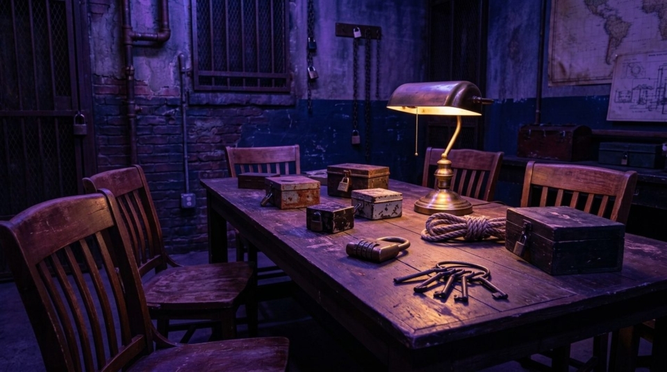 Worn worktable with padlocked boxes, keys, rope and a desk lamp in a dim escape room