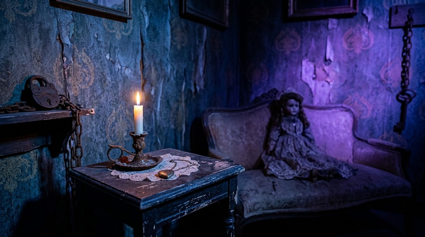 Victorian parlor with a lit candle, a small heart-shaped locket and a porcelain doll in shadow