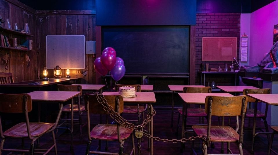 Detention classroom set with old school desks, a birthday cake, balloons and a chained desk