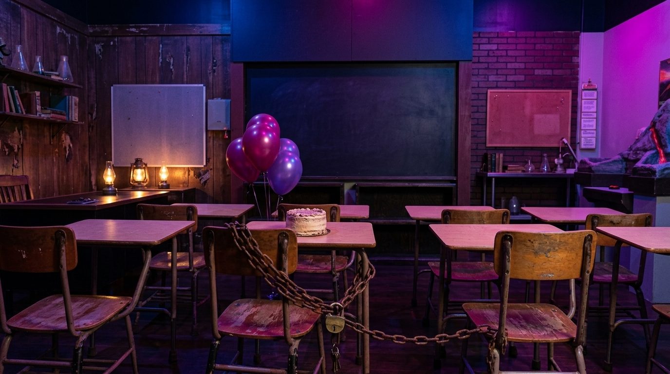 Detention classroom set with old school desks, a birthday cake, balloons and a chained desk