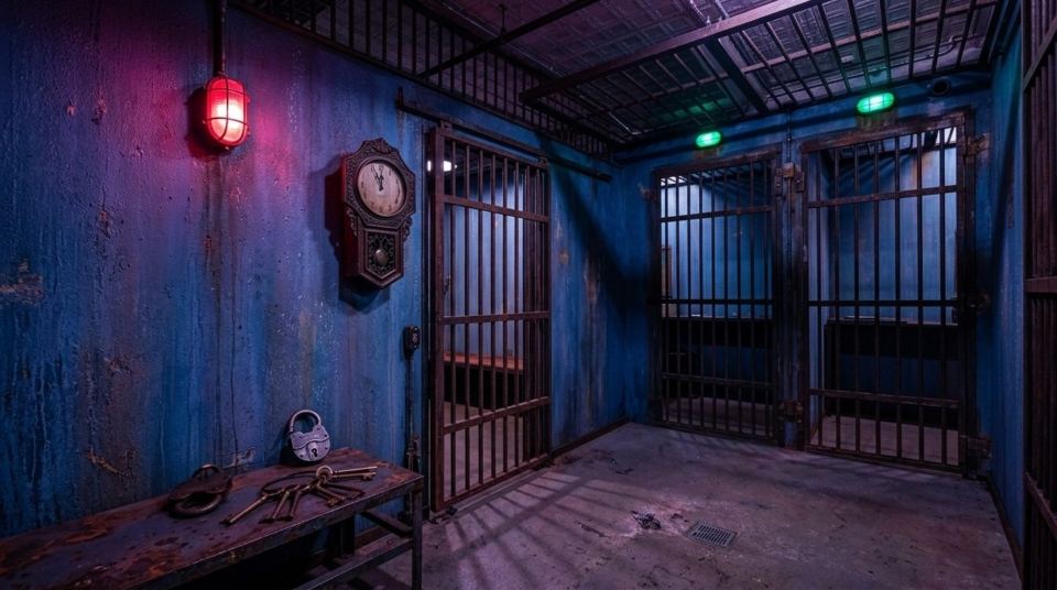 Dim jail cell set with a red caged lamp, a wall clock and keys left on a steel bench