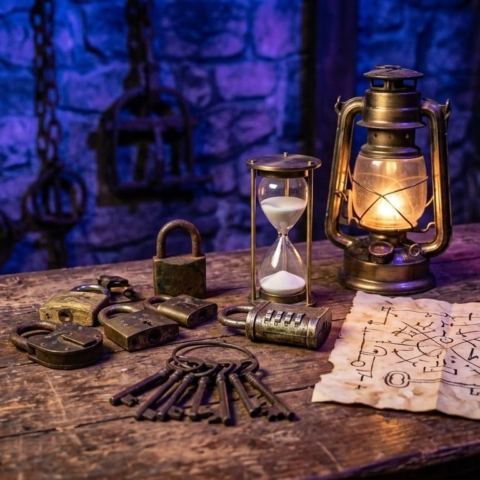 Padlocks, antique keys, an hourglass, a lantern and a map on an old wooden table