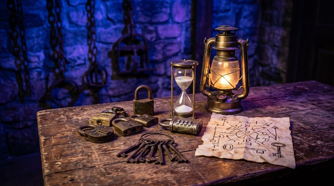 Padlocks, antique keys, an hourglass, a lantern and a map on an old wooden table