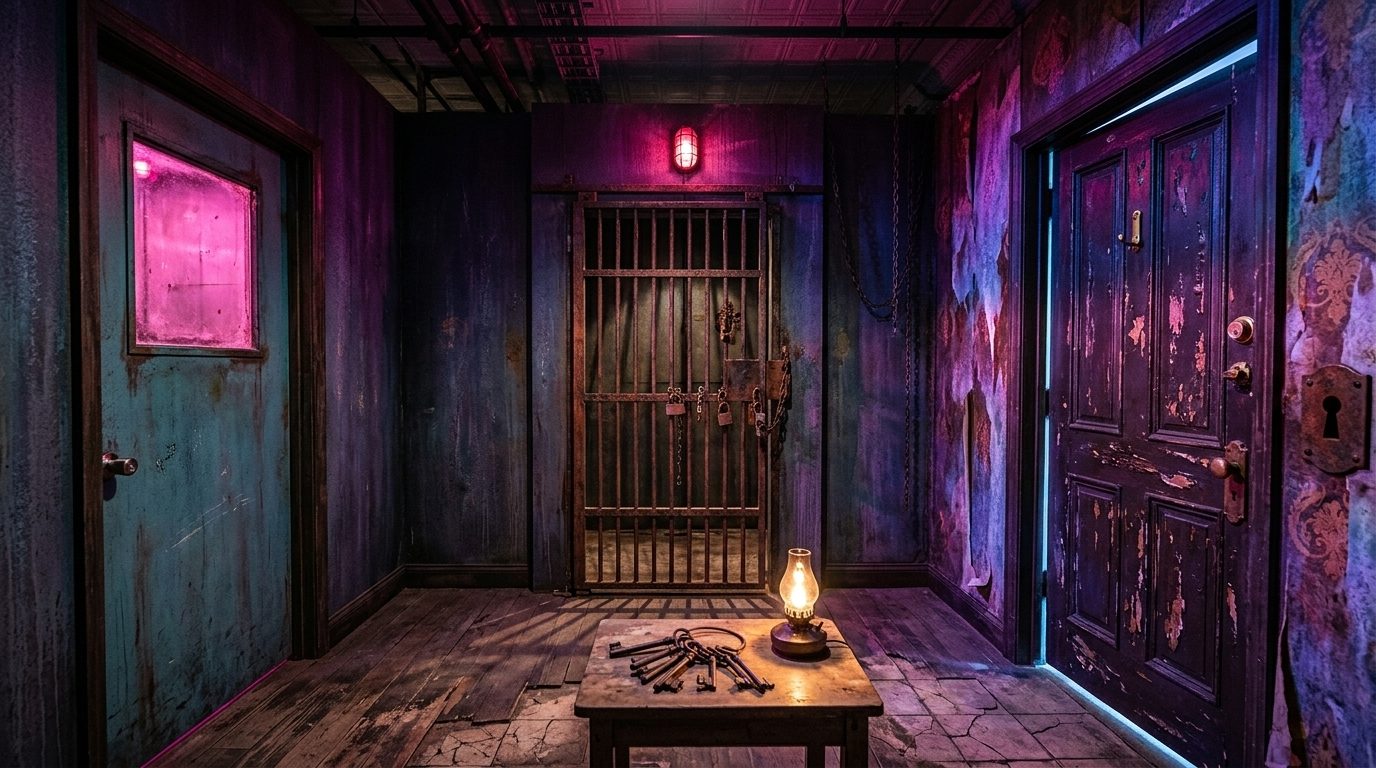 Three doors in a dark hallway: a classroom door, a barred cell door and a Victorian door